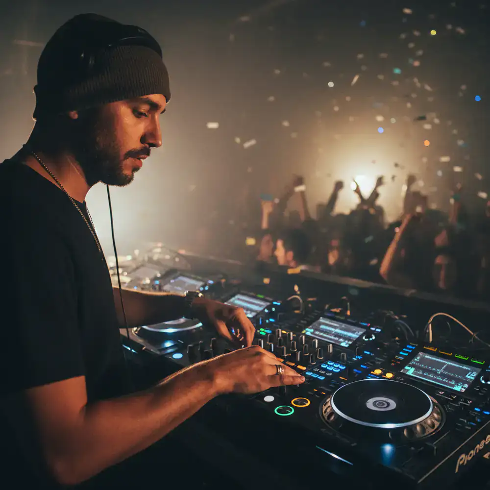 DJ adjusting mixing board during a set