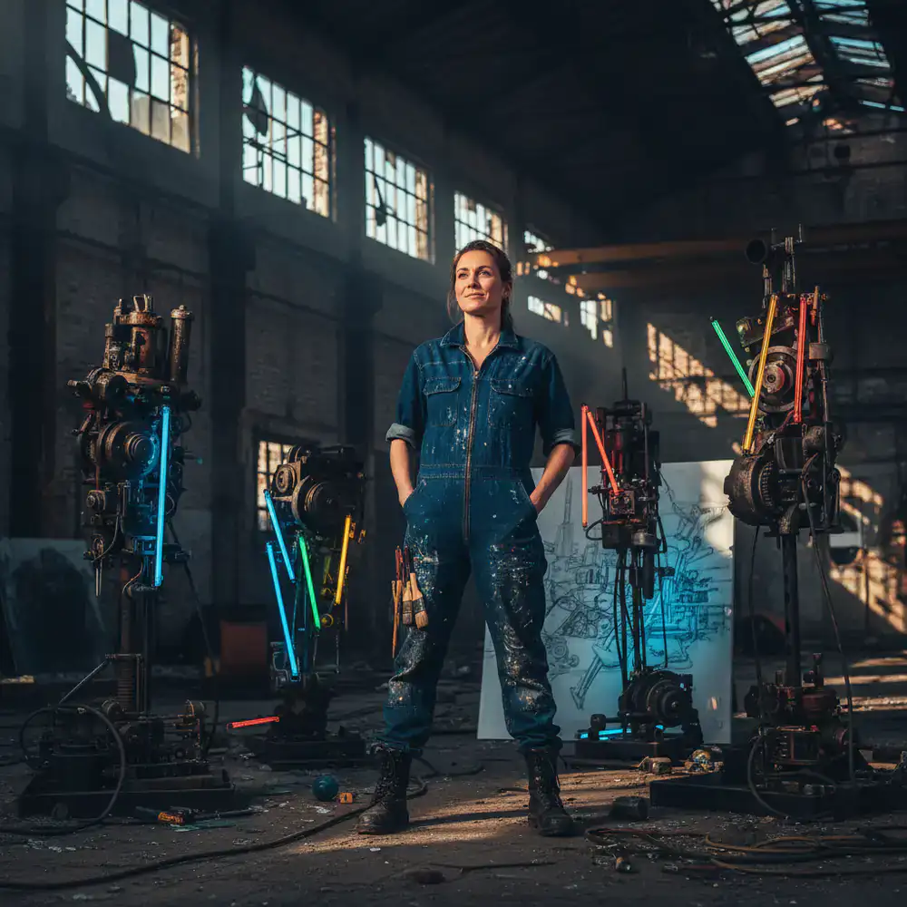 Portrait of the featured artist of the month in an industrial setting