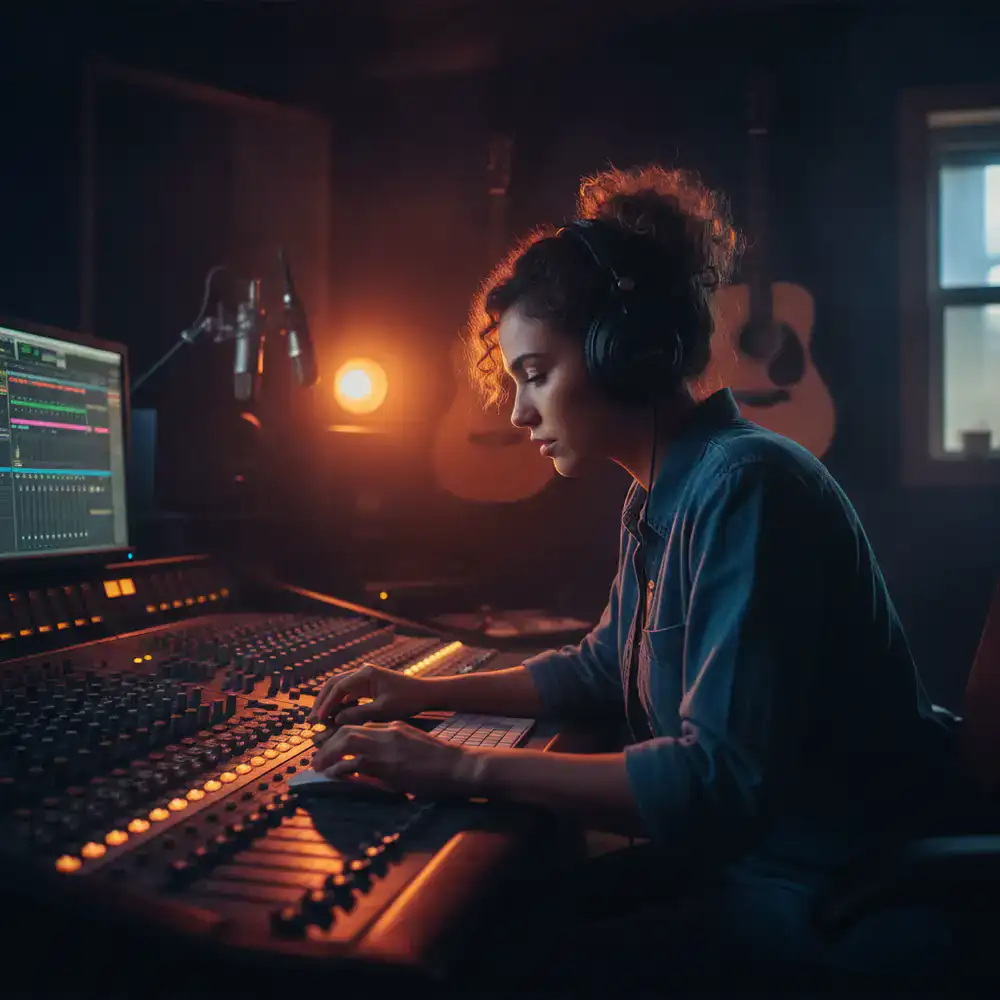 Artist working intensely in a recording studio