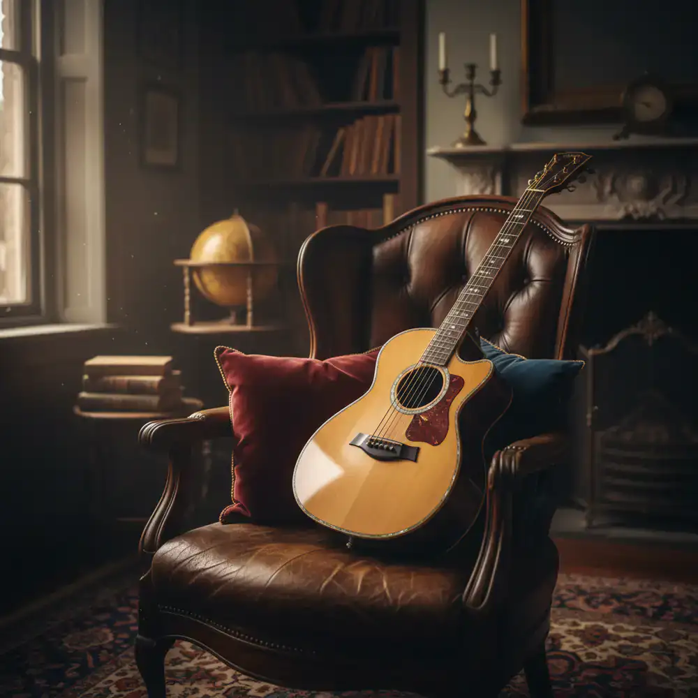 Acoustic guitar resting on a vintage chair