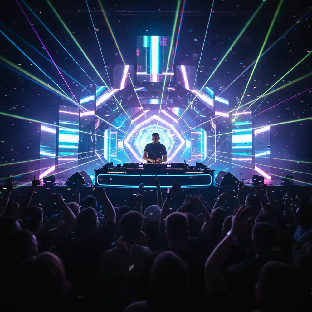 A DJ mixing live at a vibrant neon-lit event