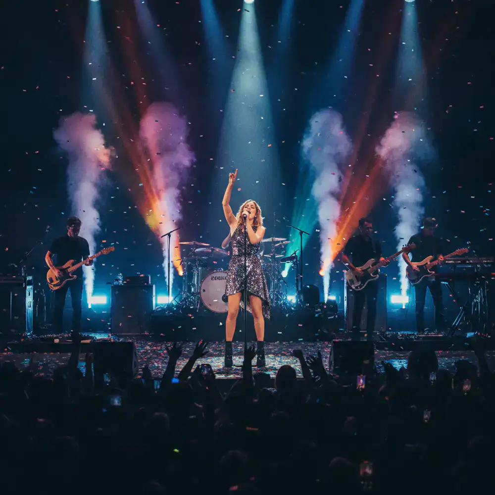 Energetic live music performance featuring a vocalist under vibrant lighting