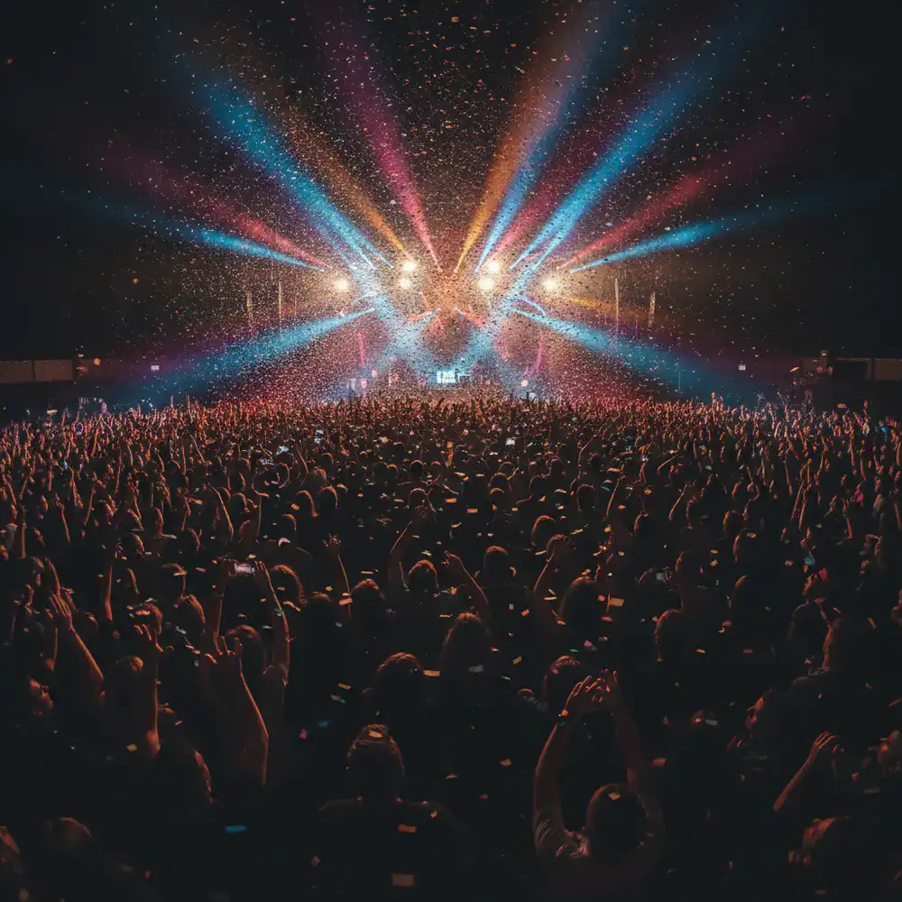 Live concert crowd under vivid stage lighting