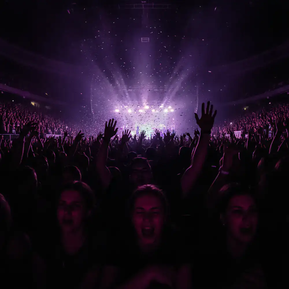 A moody, atmospheric concert crowd bathed in deep violet light
