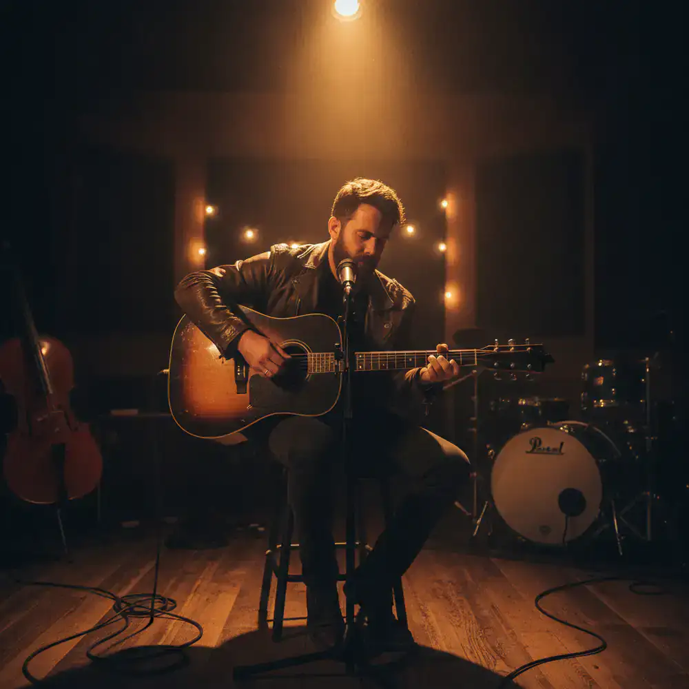 Acoustic guitar player isolated in a dimly lit, moody studio environment