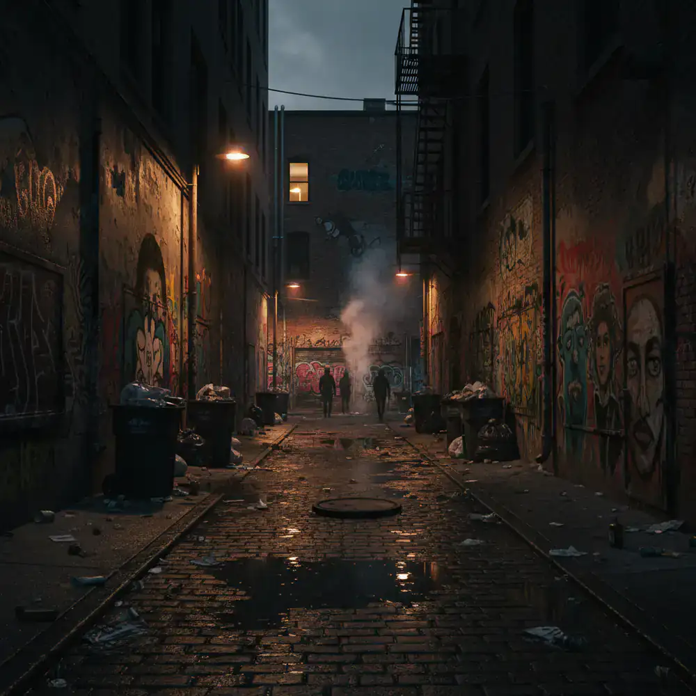 Gritty urban scene with heavy shadows and street art