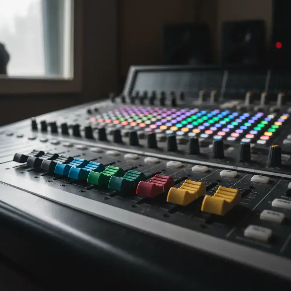 Close up of a mixing console with glowing sliders
