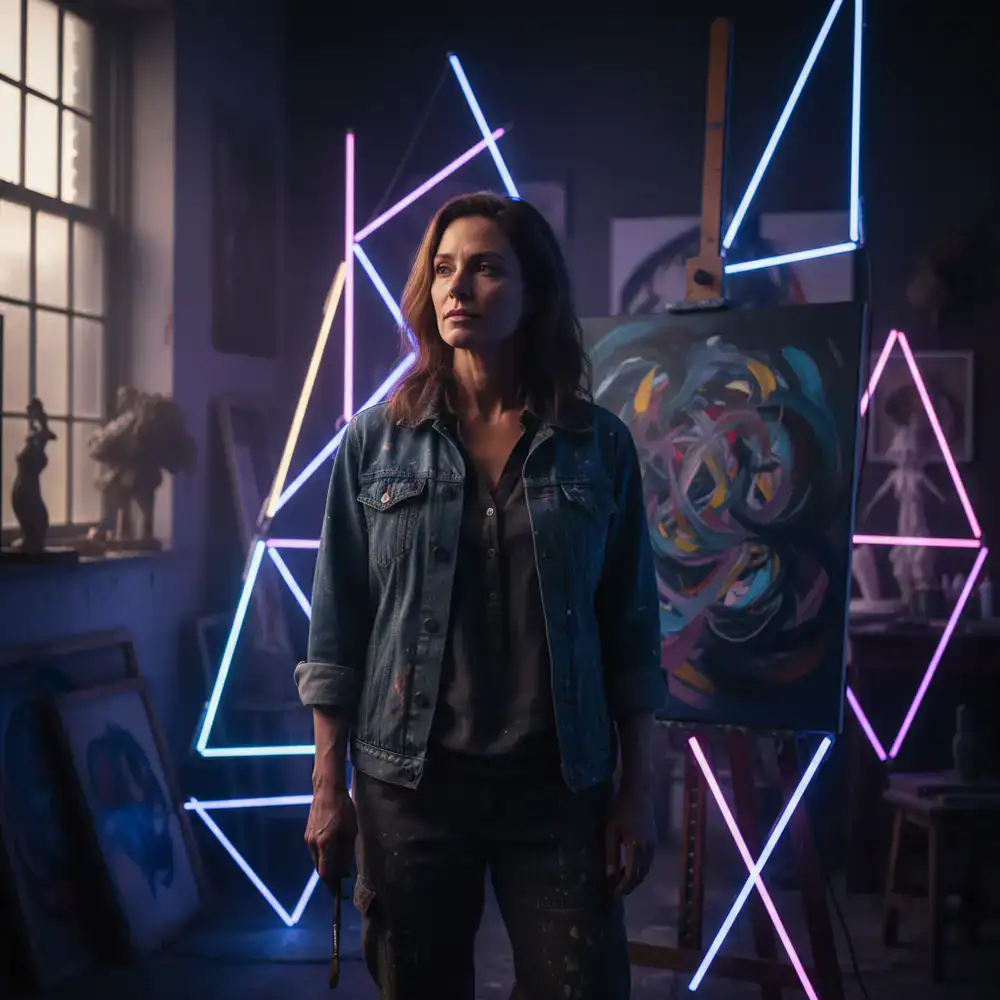 Artist portrait in deep blue and purple neon lighting