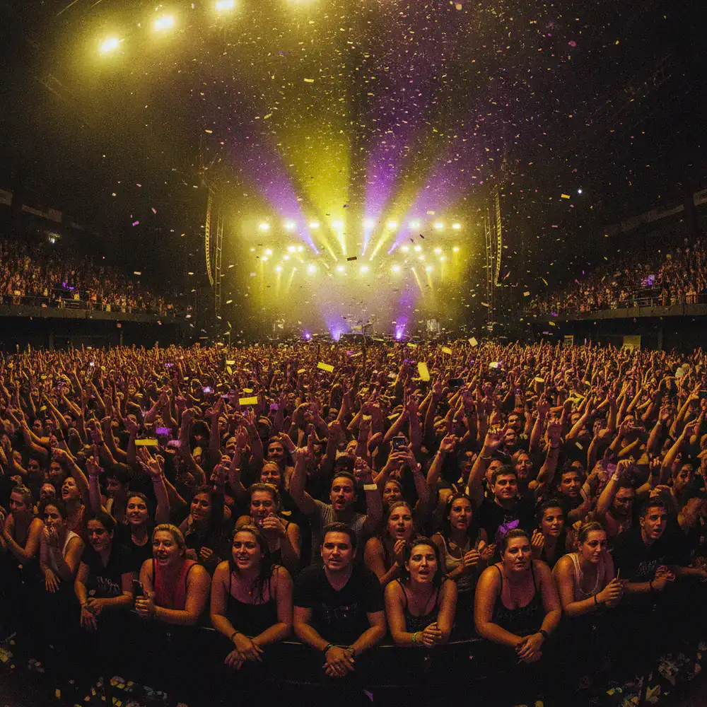 Vibrant concert crowd illuminated by neon yellow and deep purple stage lights