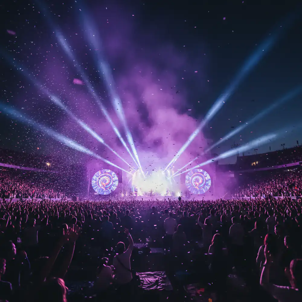 Massive festival crowd illuminated by dramatic purple stage lights